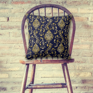 Gold Swirl Damask Pattern on Blue Cushion