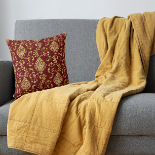 Gold Swirl Damask Pattern on Maroon Red Cushion