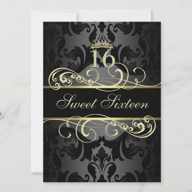 Gold Swirl Damask Sweet16 Birthday Invite (Front)