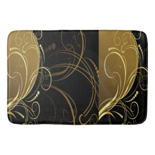 gold swirl,floral,black,chic,modern,design,elegant bath mat