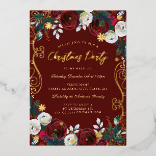 Gold Swirl Floral Red Green Christmas Party  Foil