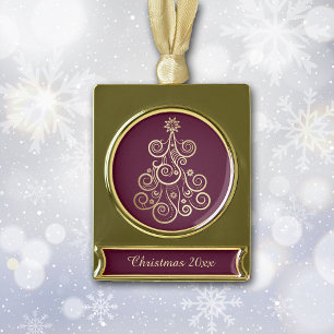 Gold Swirl Holiday Tree Plated Banner Ornament