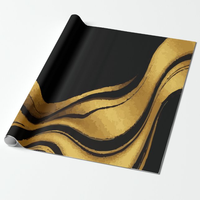 Gold Swirl on Black Pattern – Elegant Luxury Gift  Wrapping Paper (Unrolled)