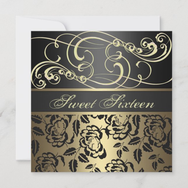 Gold Swirl & Rose Sweet 16th Birthday Invitation (Front)