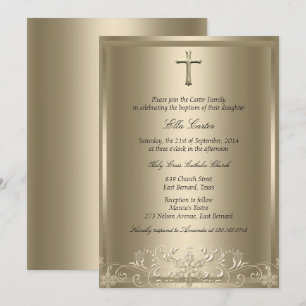 Gold Swirl Snowflake & Cross Girl Baptism Invite