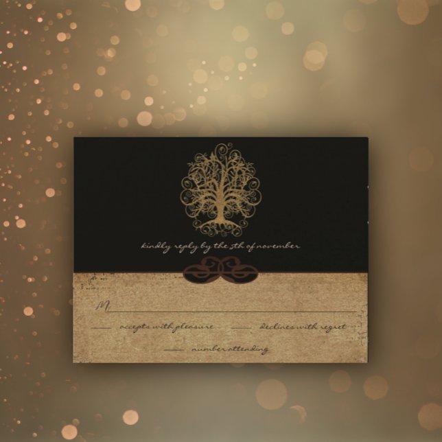 Gold Swirl Tree Gold & Black Metallic Wedding RSVP (Creator Uploaded)