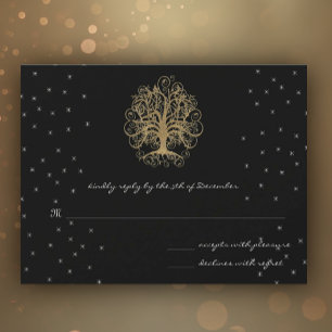 Gold Swirl Tree on Black Metallic Wedding RSVP
