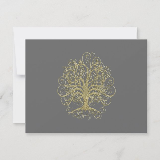 Gold Swirl Tree on Grey Wedding  Reception Card (Front)