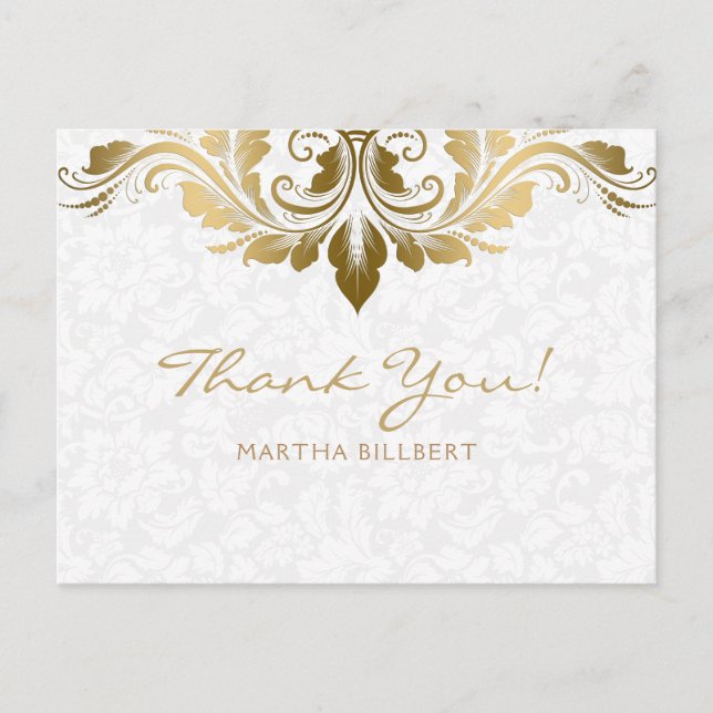 Gold Swirl & White Damasks Thank You Card (Front)