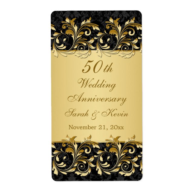 Gold swirls 50th Wedding Anniversary Wine (Front)