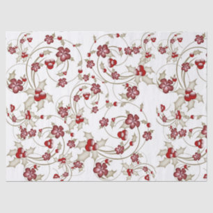 Gold Swirls and Burgundy Holly On White Tissue Pa Paper