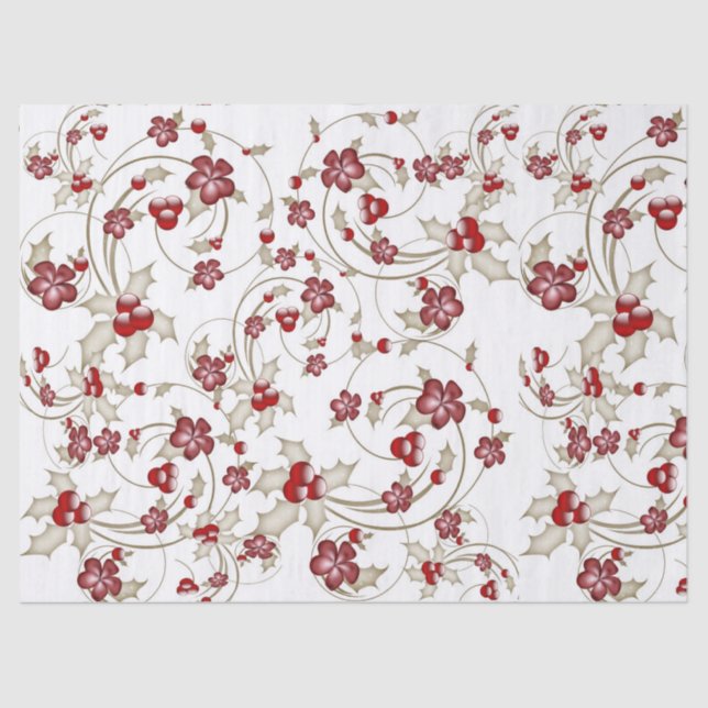 Gold Swirls and Burgundy Holly On White  Tissue Pa Paper (Front)
