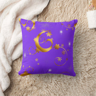 Gold Swirls and Stars Purple Christmas Cushion
