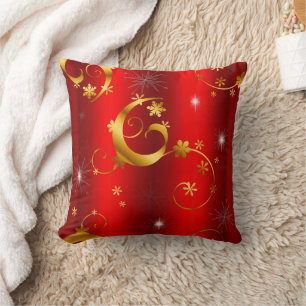 Gold Swirls and Stars Red Christmas Cushion