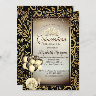 Gold Swirls,Balloons,High Heels,Tiara Quinceañera Invitation