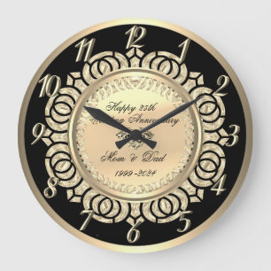 Gold Swirls Black 25th Wedding Anniversary  Large Clock