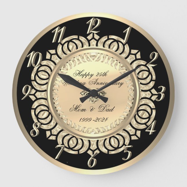 Gold Swirls Black 25th Wedding Anniversary  Large Clock (Front)