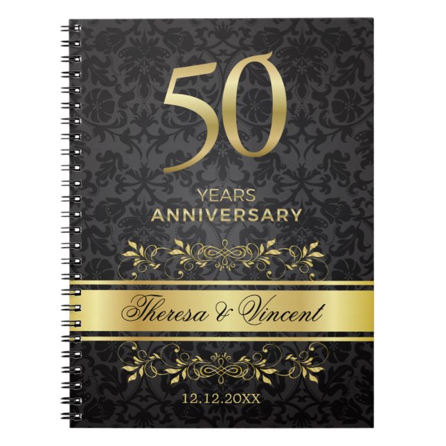 Gold Swirls Black Damask 50 Wedding Anniversary Notebook (Front)