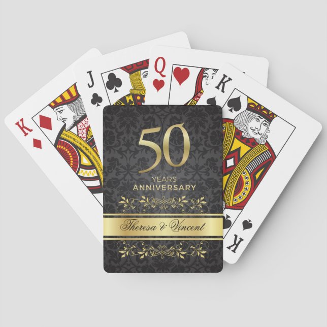 Gold Swirls Black Damask 50 Wedding Anniversary Playing Cards (Back)