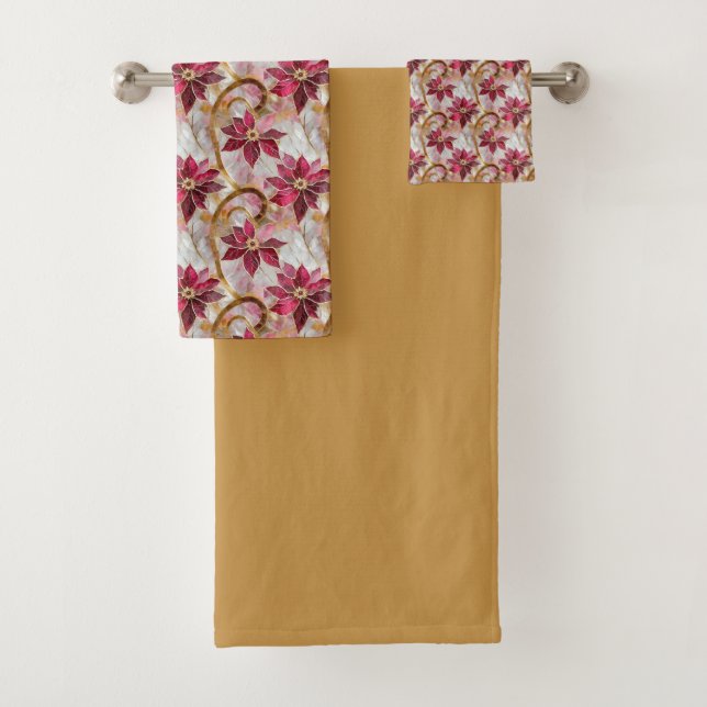Gold Swirls Burgundy Pink Christmas Poinsettias Bath Towel Set (Insitu)