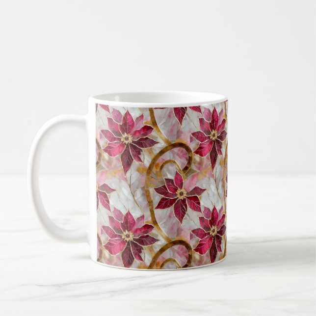 Gold Swirls Burgundy Pink Christmas Poinsettias Coffee Mug (Left)