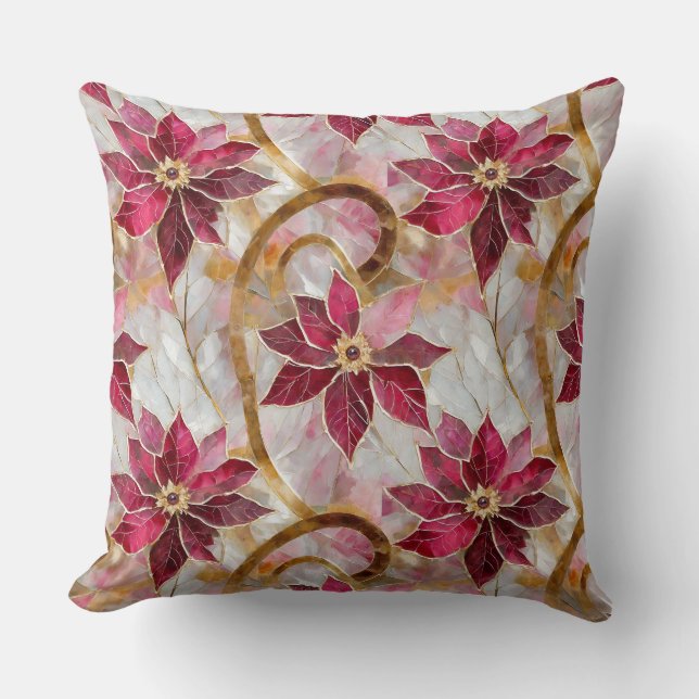Gold Swirls Burgundy Pink Christmas Poinsettias Cushion (Front)