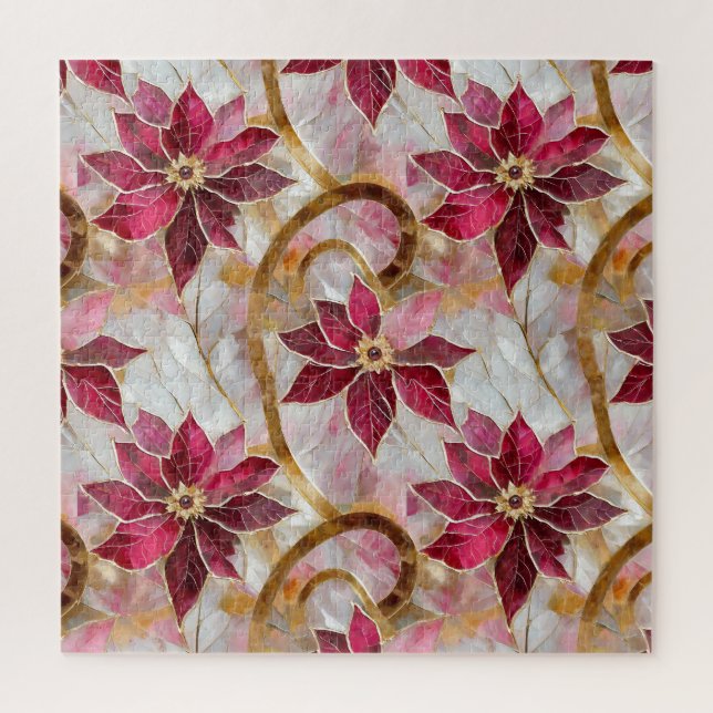 Gold Swirls Burgundy Pink Christmas Poinsettias Jigsaw Puzzle (Vertical)