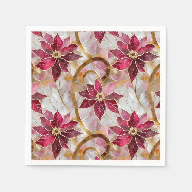Gold Swirls Burgundy Pink Christmas Poinsettias Napkin (Front)