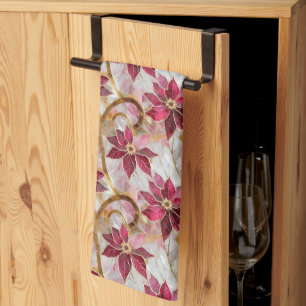 Gold Swirls Burgundy Pink Christmas Poinsettias Tea Towel
