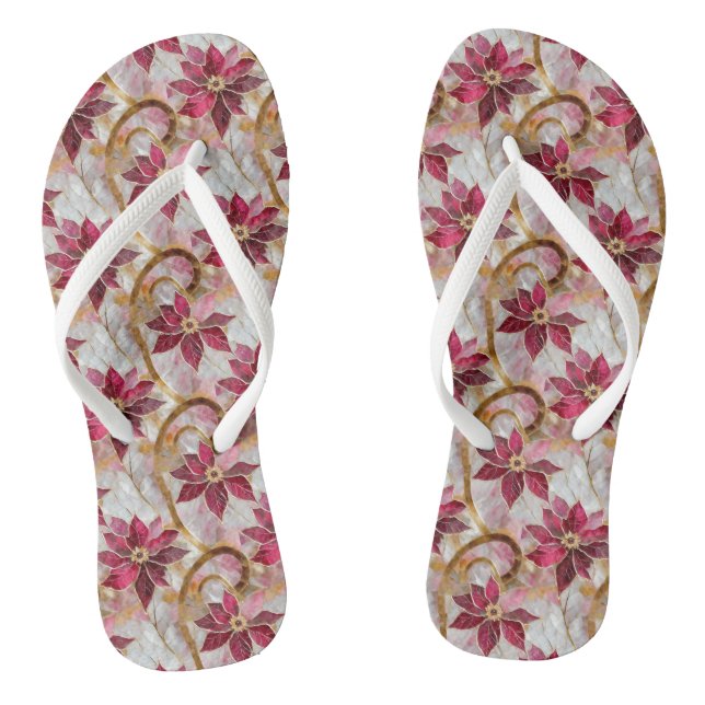 Gold Swirls Burgundy Pink Christmas Poinsettias Thongs (Footbed)