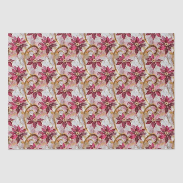 Gold Swirls Burgundy Pink Christmas Poinsettias Tissue Paper (Front)