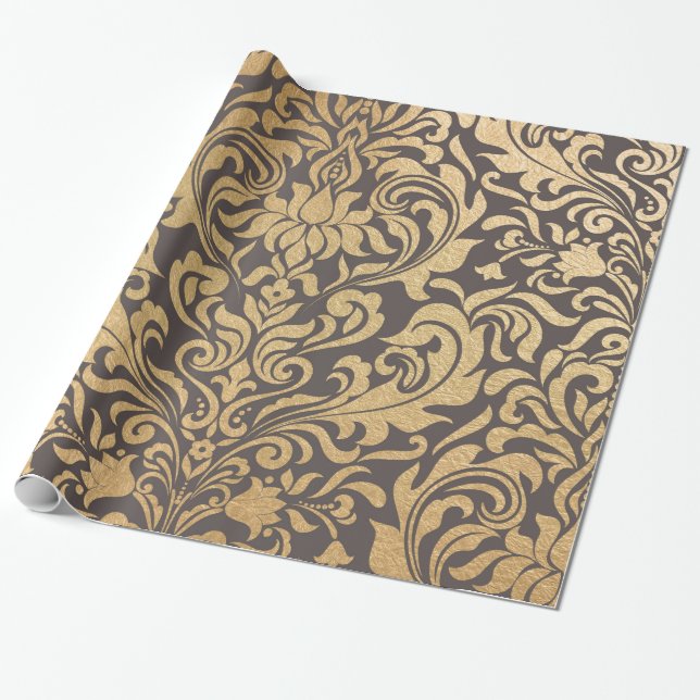 Gold swirls damask wrapping paper (Unrolled)