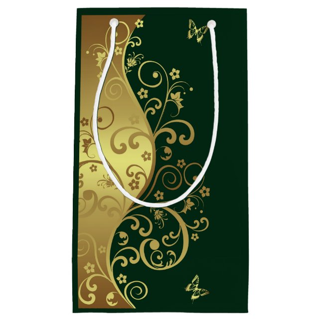 Gold Swirls & Dark Green Small Gift Bag (Front)