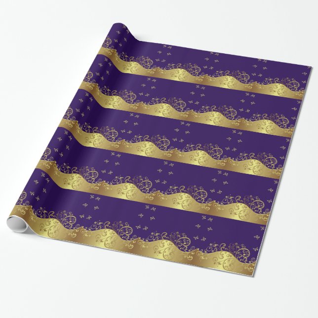 Gold Swirls & Dark Purple Wrapping Paper (Unrolled)