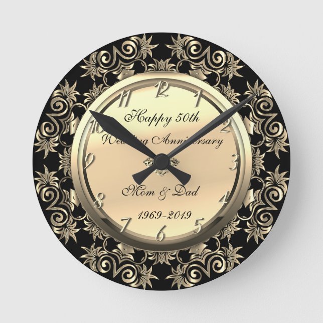 Gold Swirls  Diamond 50th Wedding Anniversary Round Clock (Front)