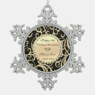 Gold Swirls Diamonds 10th Wedding Anniversary Snowflake Pewter Christmas Ornament