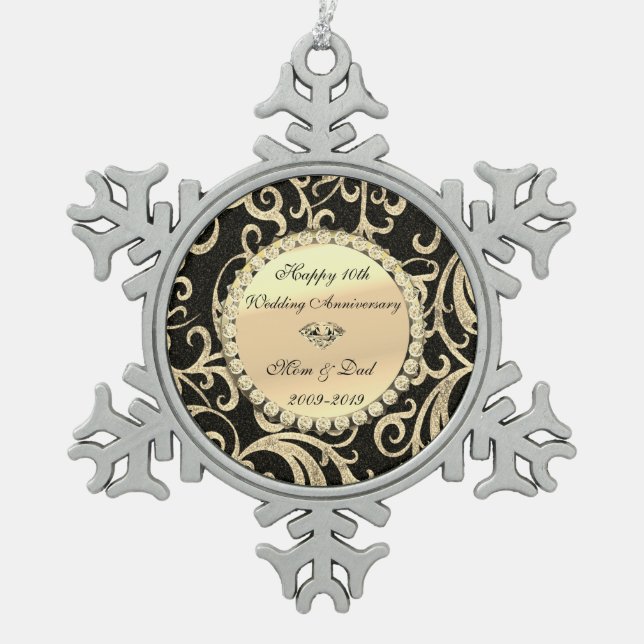 Gold Swirls Diamonds 10th Wedding Anniversary Snowflake Pewter Christmas Ornament (Front)
