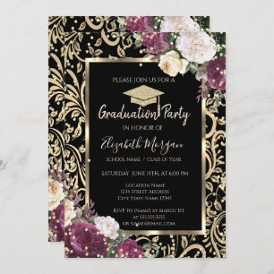 Gold Swirls Diamonds Burgundy Flowers Graduation Invitation