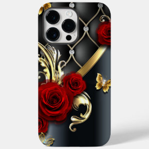 Gold Swirls Diamonds Red Tea Roses  Case-Mate iPhone 14 Pro Max Case