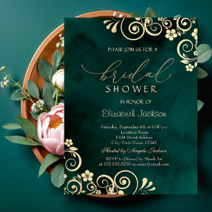 Gold Swirls Emerald Green Bridal Shower Invitation