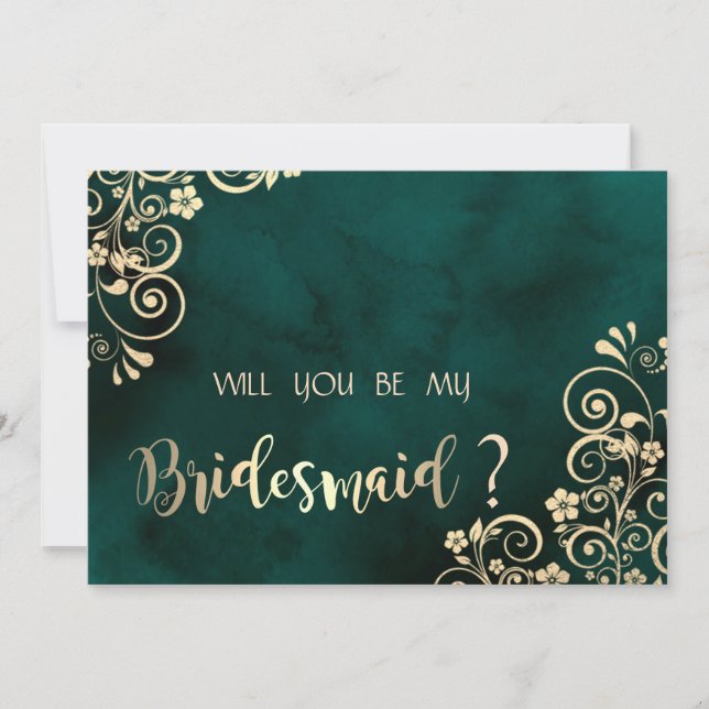 Gold Swirls Emerald Green Bridesmaid Card (Front)