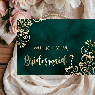 Gold Swirls Emerald Green Bridesmaid Card