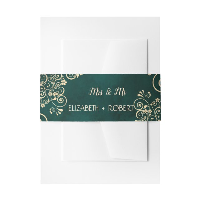 Gold Swirls Emerald Green Wedding  Invitation Belly Band (Front Example)