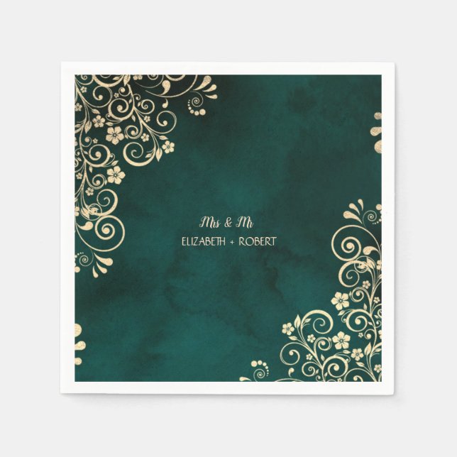Gold Swirls Emerald Green Wedding  Napkin (Front)