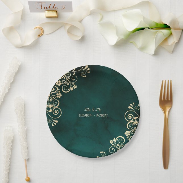 Gold Swirls Emerald Green Wedding  Paper Plate (Wedding)