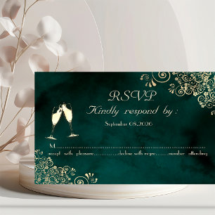 Gold Swirls Emerald Green Wedding  RSVP Card