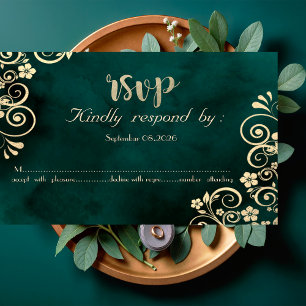 Gold Swirls Emerald Green Wedding RSVP Card