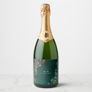 Gold Swirls Emerald Green Wedding  Sparkling Wine Label