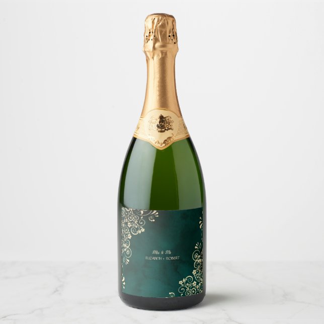 Gold Swirls Emerald Green Wedding  Sparkling Wine Label (Front)