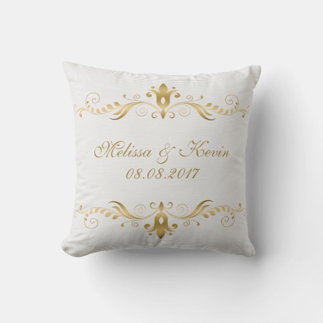 Gold Swirls Frame On White Wedding Gift Cushion (Front)